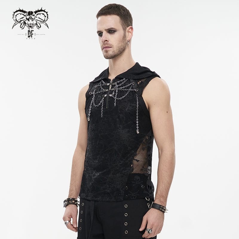 Punk Rave Black Gothic Punk Irregular Hollow Mesh Splicing Vest Top for Men  
