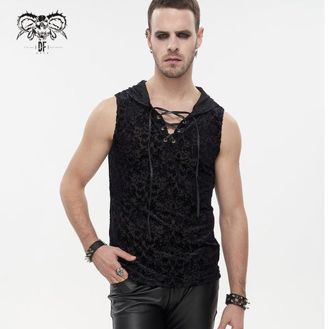 Men's Gothic Strappy Floral Printed Tank Top with Hood