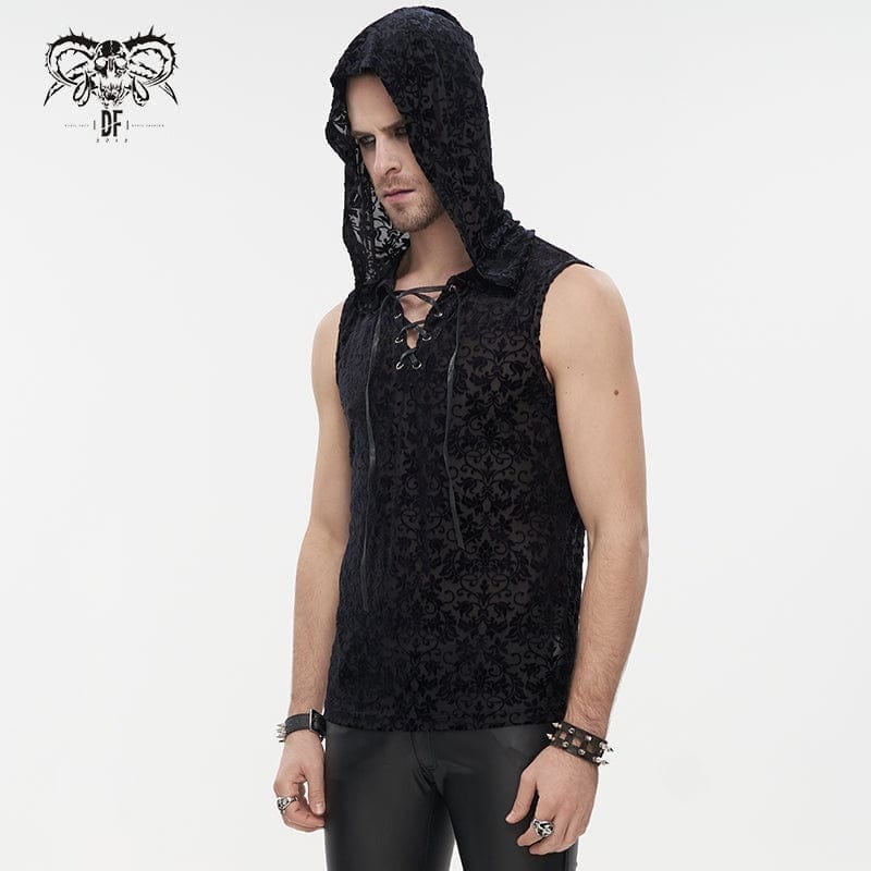 Drezden Goth Men's Gothic Strappy Floral Printed Tank Top with Hood