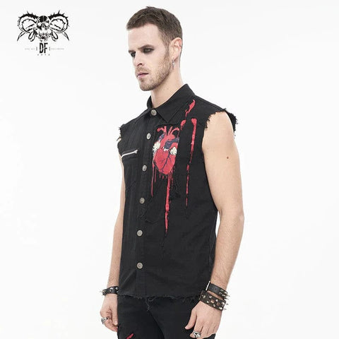 Drezden Goth Men's Punk Heart Printed Ripped Unedged Vest