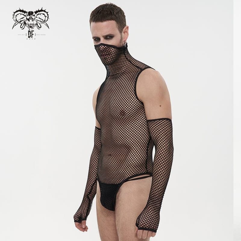 Drezden Goth Men's Punk High Collar Mesh Bodysuit with Oversleeves