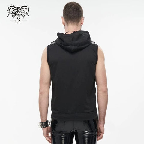 Drezden Goth Men's Punk Skull Faux Leather Splice Vest with Hood