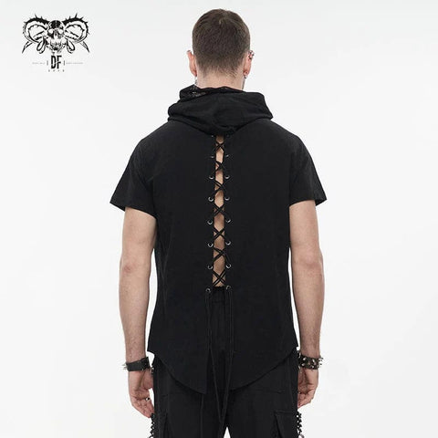 Drezden Goth Men's Punk Strappy Mesh Splice Shirt with Hood