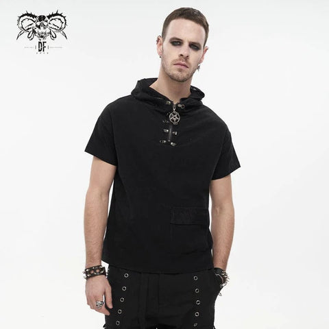 Men's Punk Strappy Mesh Splice Shirt with Hood