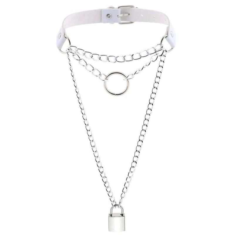 Drezden Goth Metal Chain Faux Leather Choker With Lock & Key