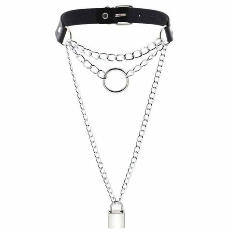 Metal Chain Faux Leather Choker With Lock & Key