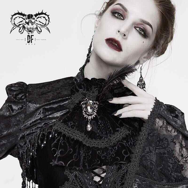 Drezden Goth Gothic Jacquard Feather Rhinestone Velvet Ties