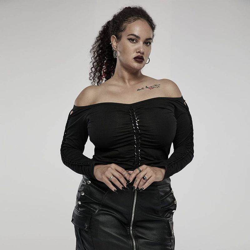 Drezden Goth Women's Plus Size Gothic Off Shoulder Ruffles Long Sleeved Top