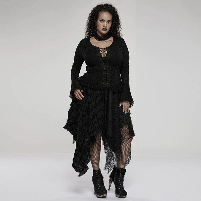 Drezden Goth Women's Plus Size Gothic Vintage Flare Sleeved Lace Top With Choker