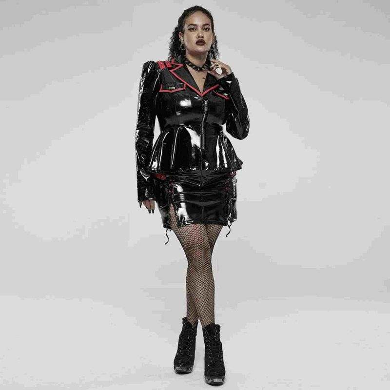 Drezden Goth Women's Plus Size Punk Military Style Contrast Color Patent Leather Jacket