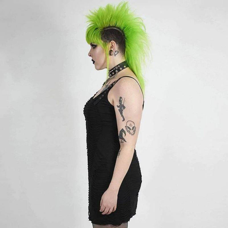 Drezden Goth Women's Gothic Black Grungy Shift Dress with Faux Leather Shoulder Straps