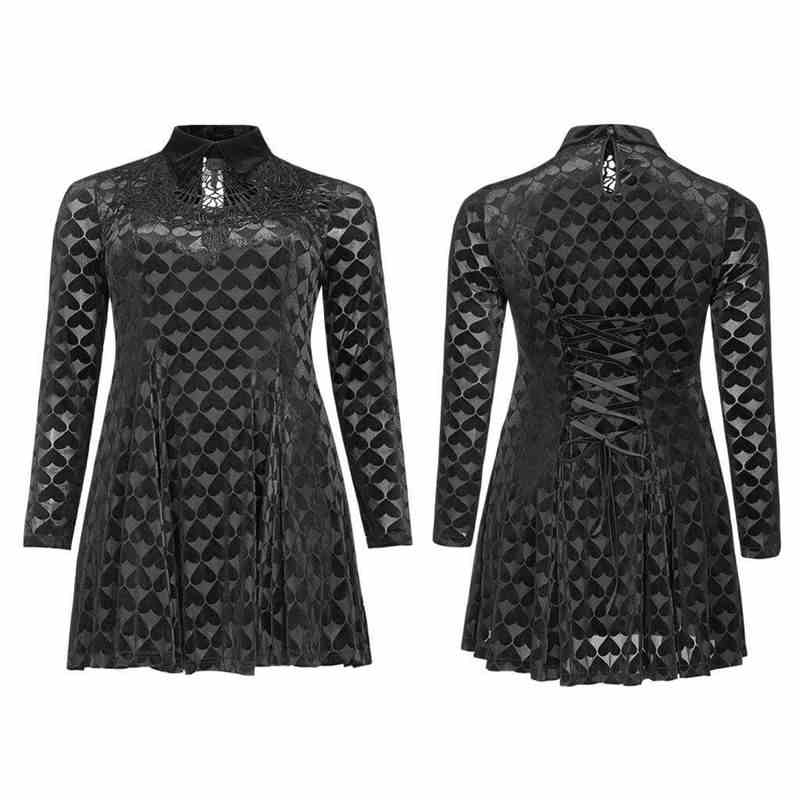 Women's Plus Size Gothic Black and Grey Heart Collared Short Dress