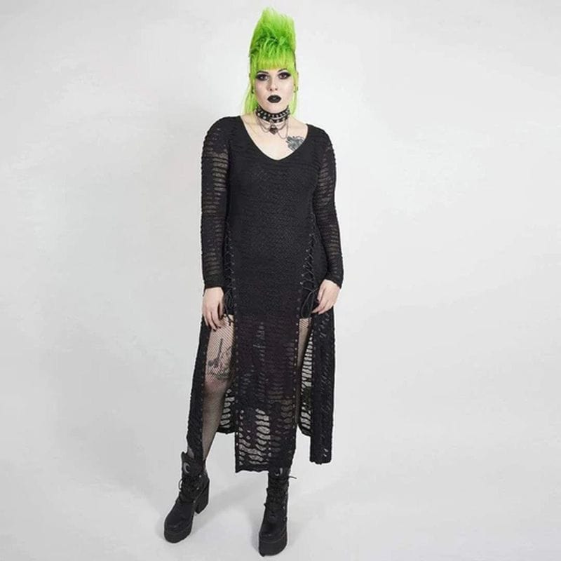 Drezden Goth Women's Plus Size Gothic Full Sleeved Net Midi Dress with Slits