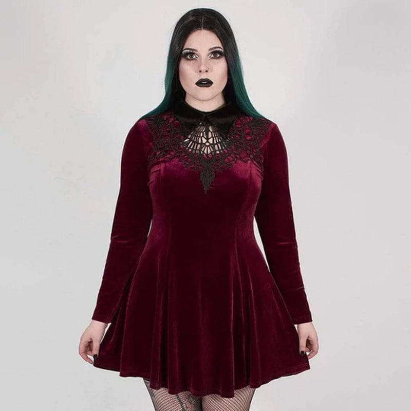 Drezden Goth Women's Plus Size Gothic Scarlet And Black Short Collared Dress