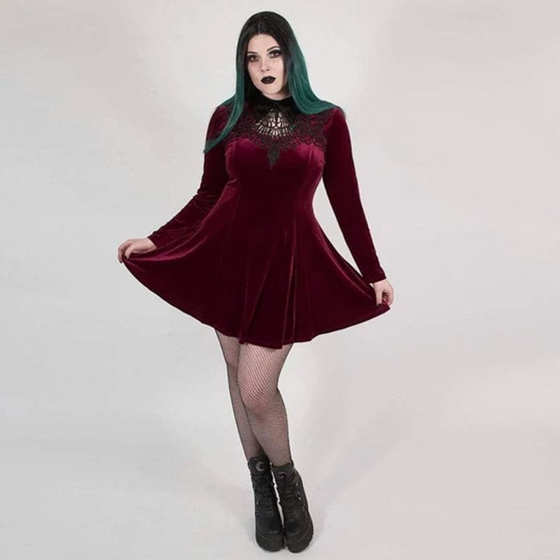 Drezden Goth Women's Plus Size Gothic Scarlet And Black Short Collared Dress