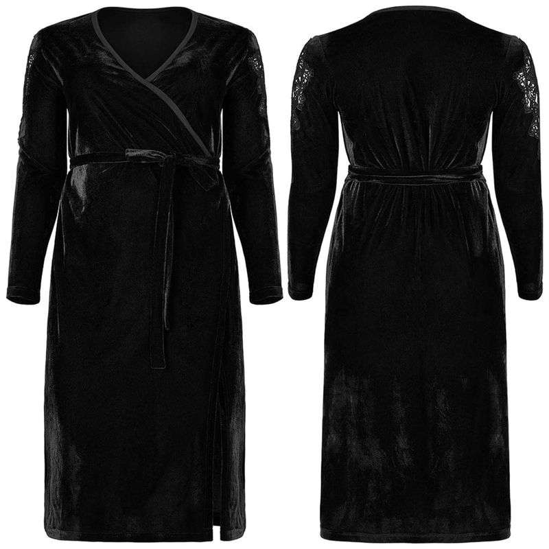 Drezden Goth Women's Plus Size Gothic V-neck Side Slit Long Sleeved Velvet Dress