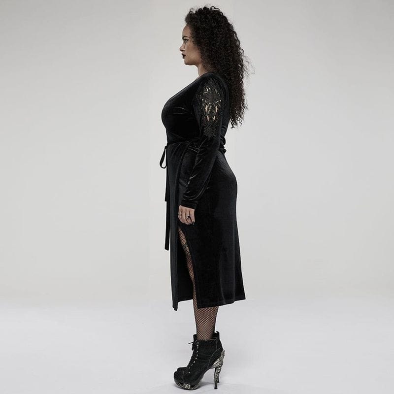 Drezden Goth Women's Plus Size Gothic V-neck Side Slit Long Sleeved Velvet Dress