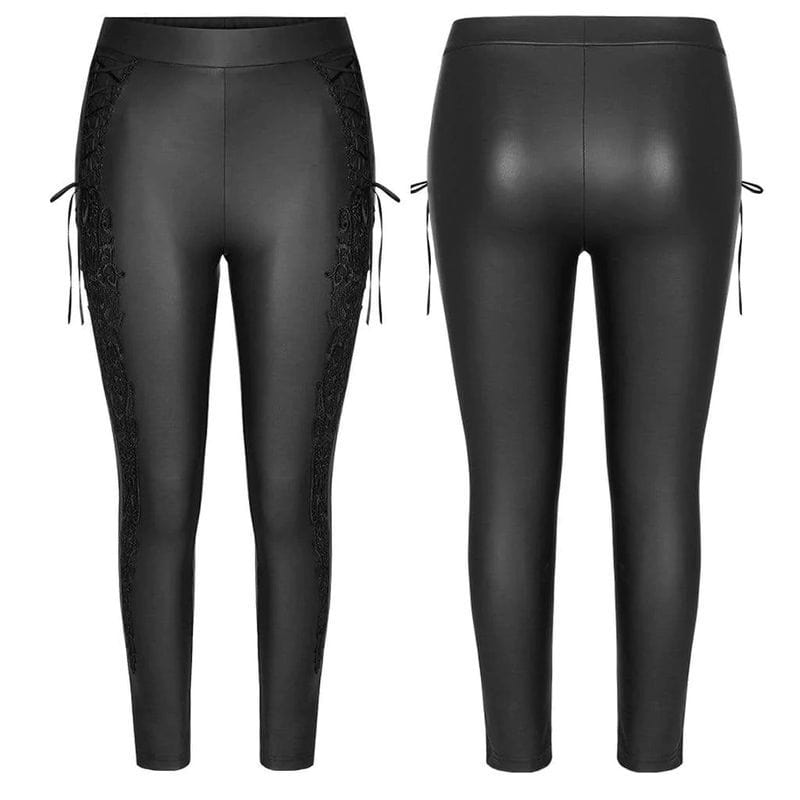 Drezden Goth Women's Plus Size Gothic Black Faux Leather Leggings with Embroidered Details