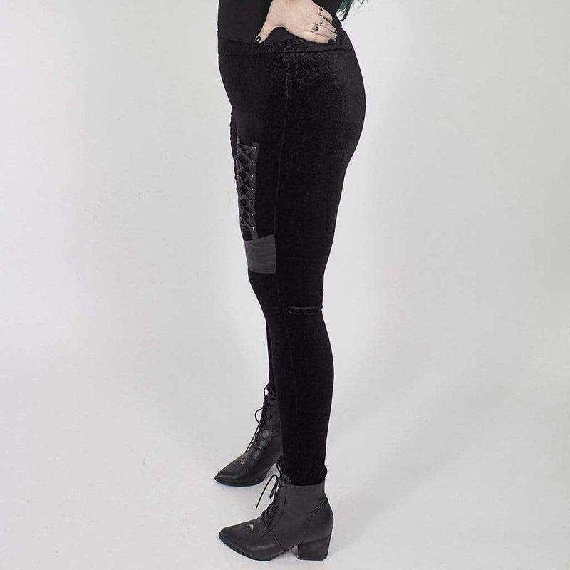 Drezden Goth Women's Plus Size Gothic Velvet Jacquard Leggings with Faux Leather Details