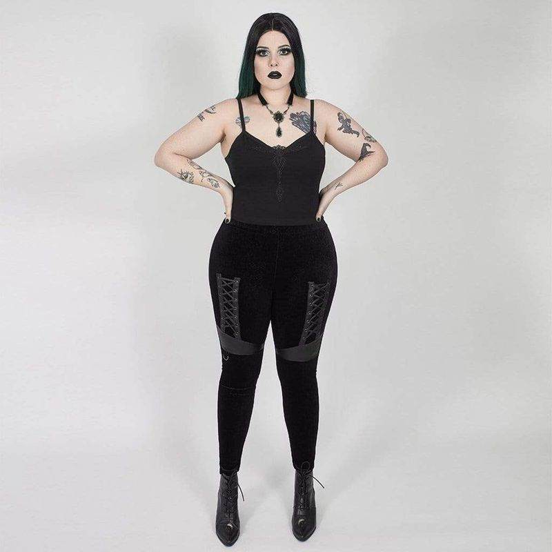 Drezden Goth Women's Plus Size Gothic Velvet Jacquard Leggings with Faux Leather Details