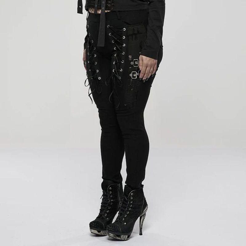 Drezden Goth Women's Plus Size Punk Lacing-up Ripped Leggings