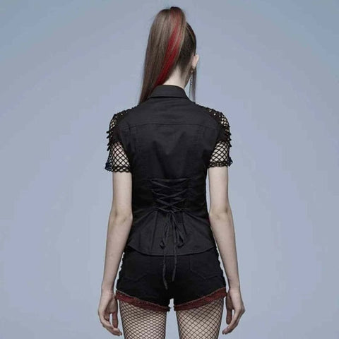 Drezden Goth Women's Punk Plaid Splice Mesh Strappy Shirt