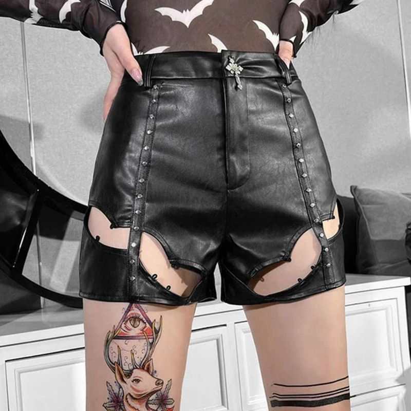 Drezden Goth Women's Gothic Punk Cutout High-waisted Faux Leather Shorts
