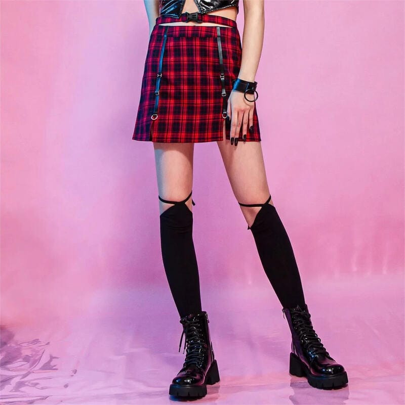 Drezden Goth Women's Grunge Cutout Buckle Plaid Skirt