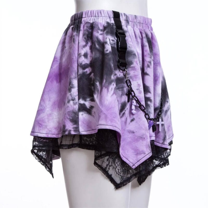 Drezden Goth Women's Grunge Irregular Lace Splice Tie-dyed Skirt