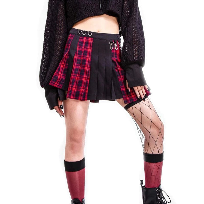 Drezden Goth Women's Grunge Irregular Plaid Splice Pleated Skirt Red