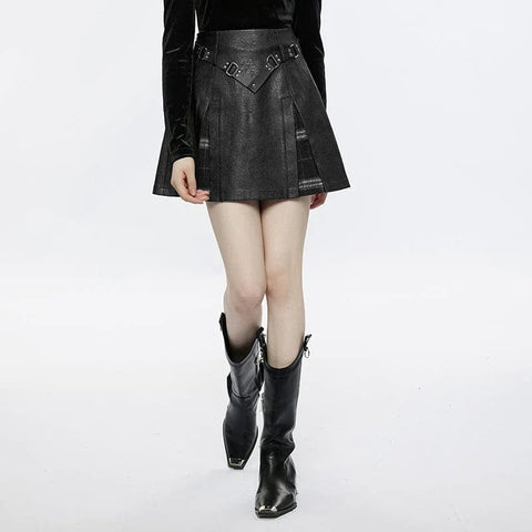 Women's Punk Plaid Splice Faux Leather Skirt with Belt