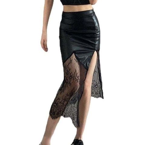 Gothic Lace Splice Faux Leather Skirt