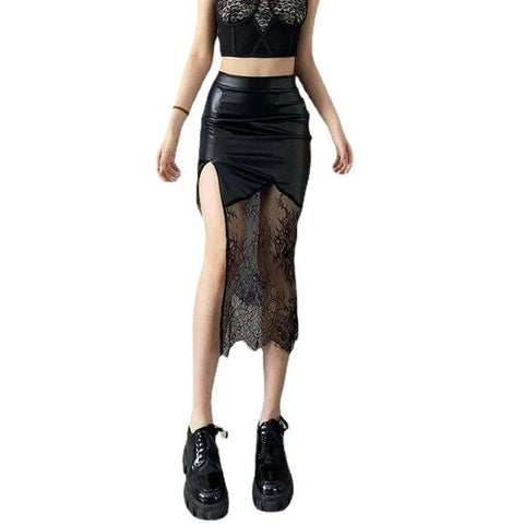 Drezden Goth Gothic Lace Splice Faux Leather Skirt