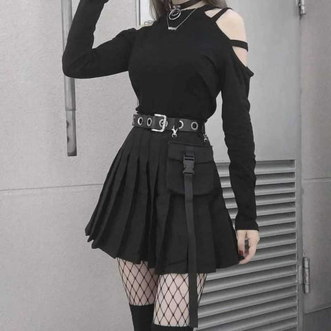 Drezden Goth Gothic Pleated Skirt With Pocket and Belt