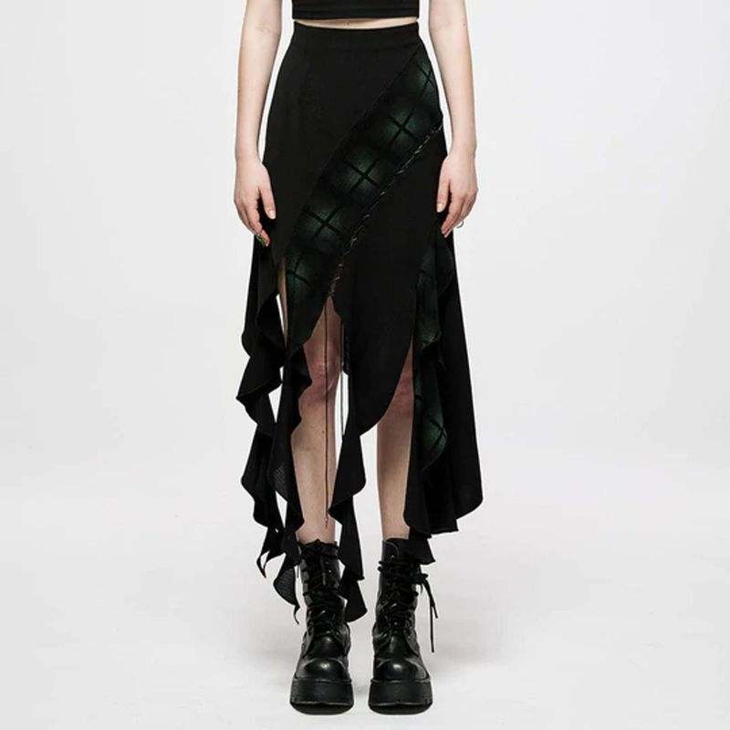 Drezden Goth Gothic Punk Ripped Green Plaid Irregular Hem Skirt