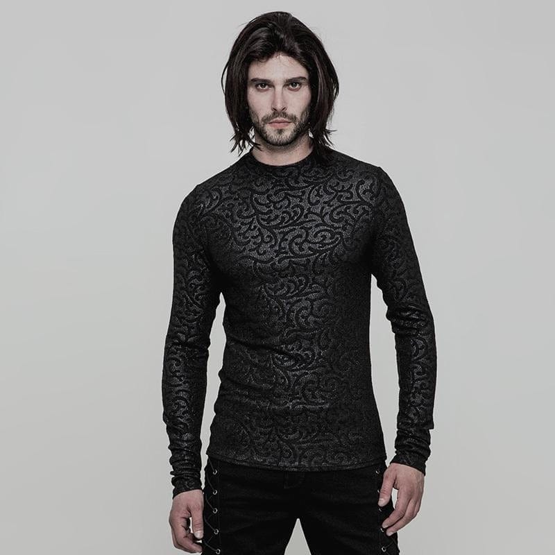 Drezden Goth Men's Gothic Floral Jacquard Slim Fitted Long-sleeve T-shirt