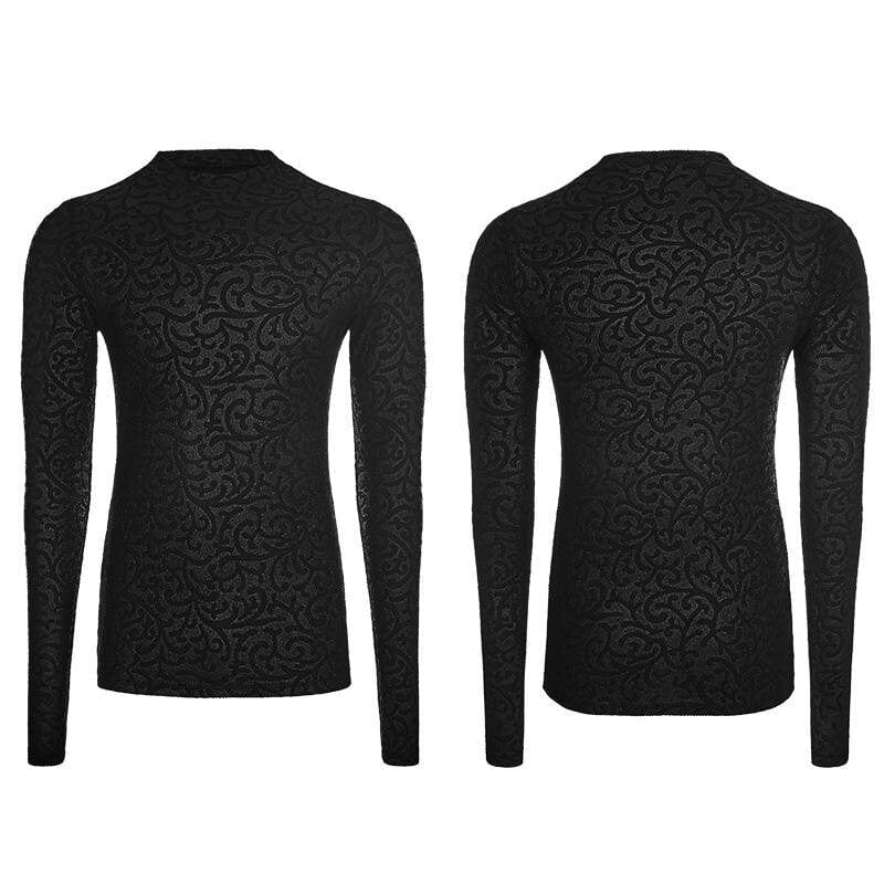 Drezden Goth Men's Gothic Floral Jacquard Slim Fitted Long-sleeve T-shirt