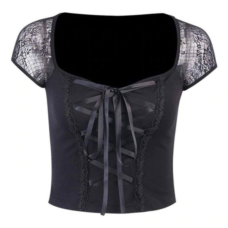 Drezden Goth Sheer Mesh Sleeved Lace-Up Fitted Top