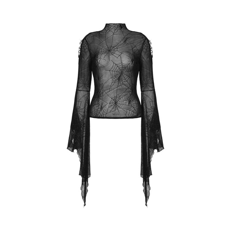 Drezden Goth Women's Gothic Flared Sleeved Spider Web Sheer Shirt