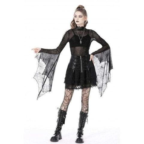 Women's Gothic Flared Sleeved Spider Web Sheer Shirt