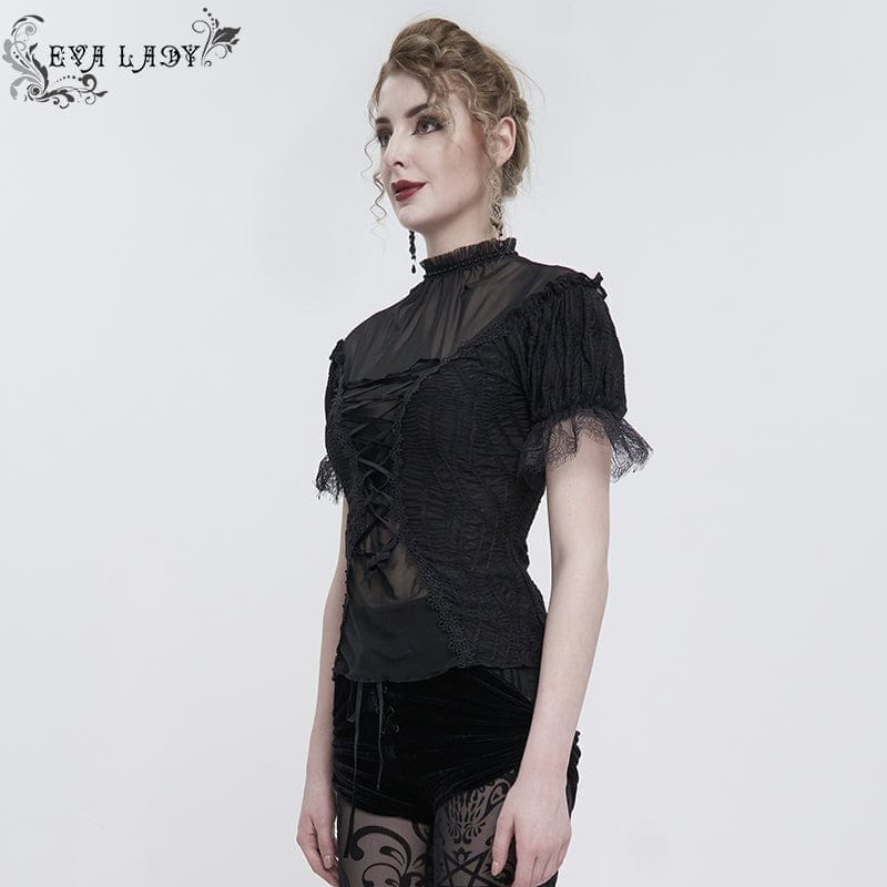 Drezden Goth Women's Gothic Strappy Mesh Splice Beaded Shirt