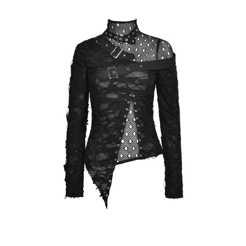 Drezden Goth Women's Punk Irregular Ripped Mesh Splice Shirt