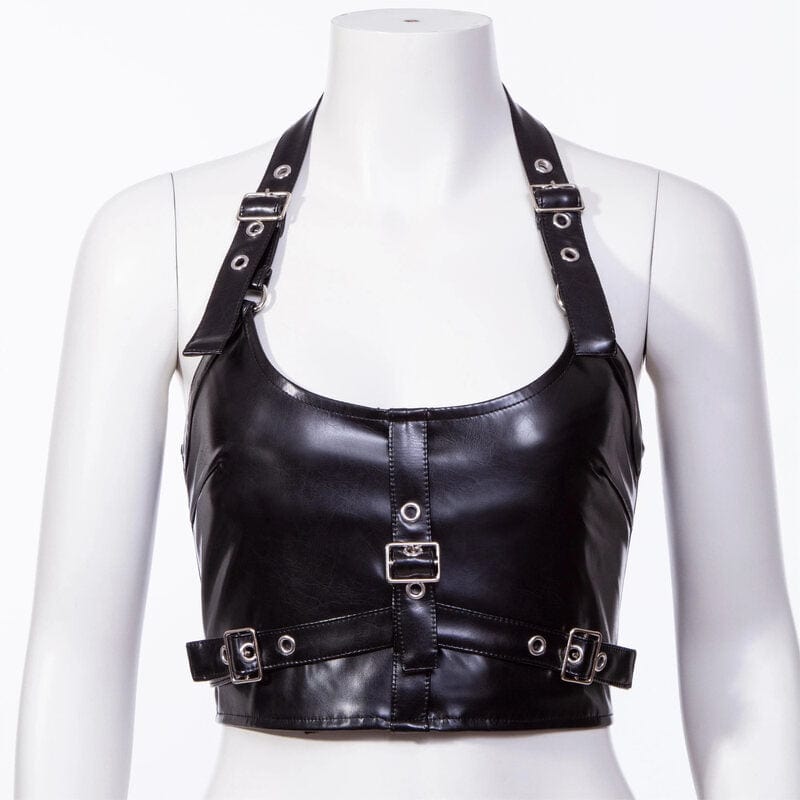 Drezden Goth Women's Punk Halterneck Faux Leather Buckle Vest