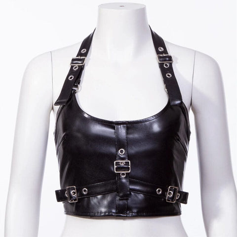 Women's Punk Halterneck Faux Leather Buckle Vest
