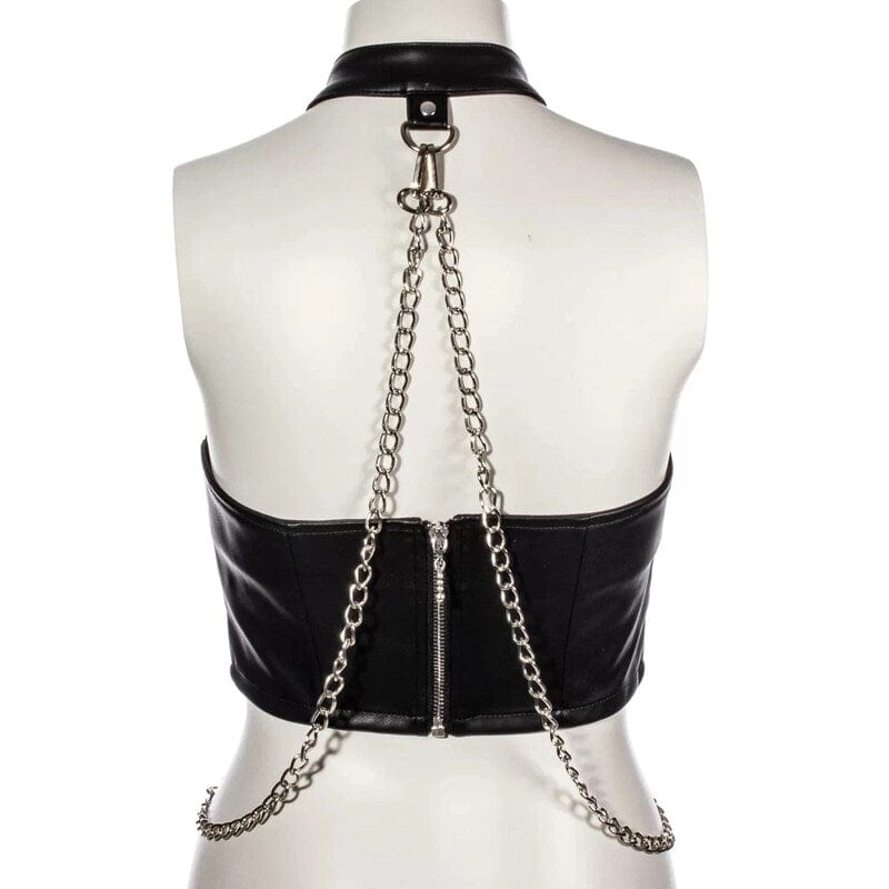 Drezden Goth Women's Punk Halterneck Faux Leather Vest with Chain