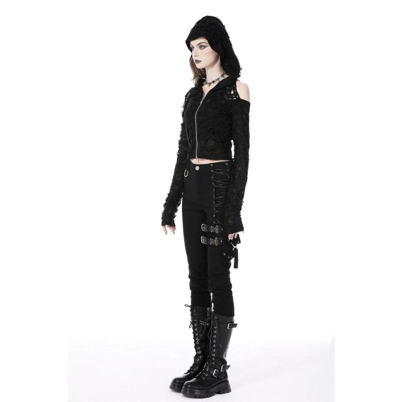 Drezden Goth Women's Punk Off Shoulder Ripped Zipper Jacket