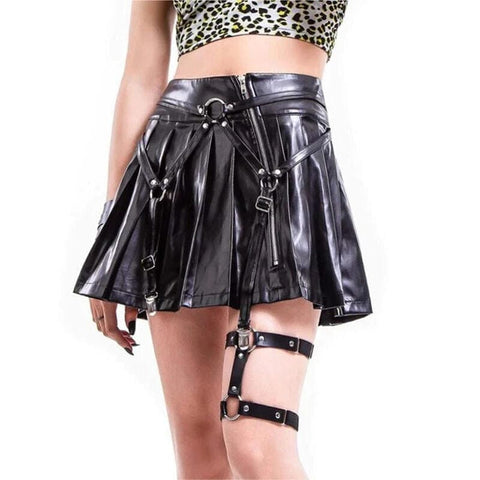 Women's Punk Faux Leather Pleated Skirt