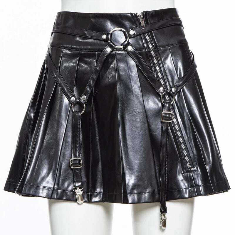 Drezden Goth Women's Punk Faux Leather Pleated Skirt