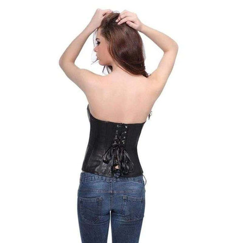 Drezdenx Goth Black Punk Faux Leather Overbust Corset With T-Back