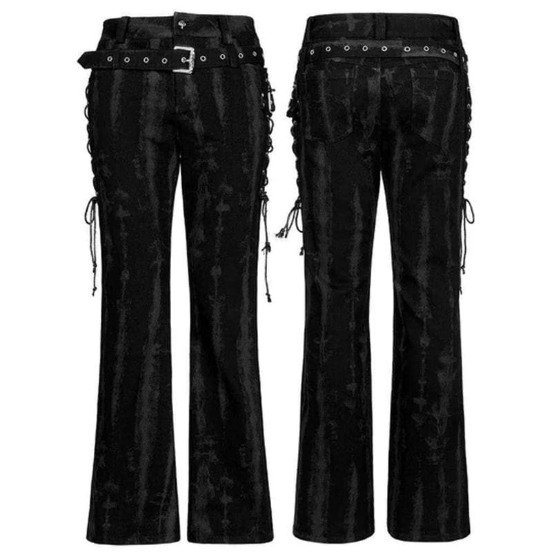 Damask Lace Up Flare Pants Men - Gothic Black Pants